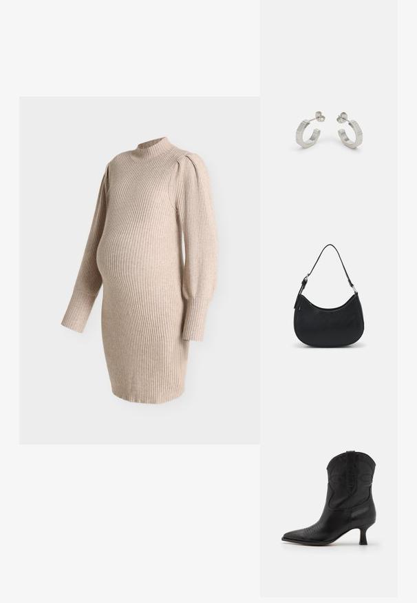 Vestido de maternidad de punto acanalado beige con mangas largas abullonadas y cuello falso, diseñado para ajustarse sobre la barriga de embarazo.; Bota cowboy de cuero negro con punta afilada, tacón bajo y costuras decorativas en el eje y en la zona de la punta. Textura suave en todo.; Bolso hobo negro hecho de cuero suave con una silueta curva, que cuenta con una sola correa ajustable y detalles de diseño minimalistas.; Pendientes aros de metal plateado con un diseño texturizado, que cuentan con un pequeño respaldo de clip y una marca en uno de los aros. Forma redondeada con un acabado pulido.