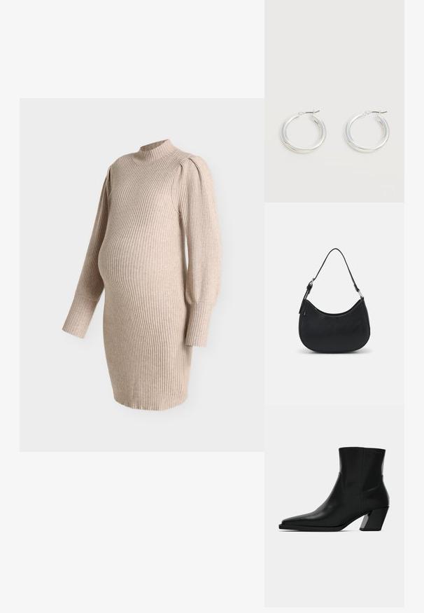 Robe de maternité en tricot côtelé beige avec manches ballon longues et col montant, conçue pour s'adapter à un ventre de grossesse.; Bottine en cuir noir avec un bout pointu, une silhouette élégante et un talon carré massif. Texture lisse avec des détails de couture minimalistes.; Sac hobo noir en cuir lisse avec une silhouette arrondie, doté d'une seule sangle ajustable et de détails de design minimalistes.; Paire de boucles d'oreilles créoles moyennes argentées brillantes avec de fines attaches métalliques sur un fond clair et neutre.