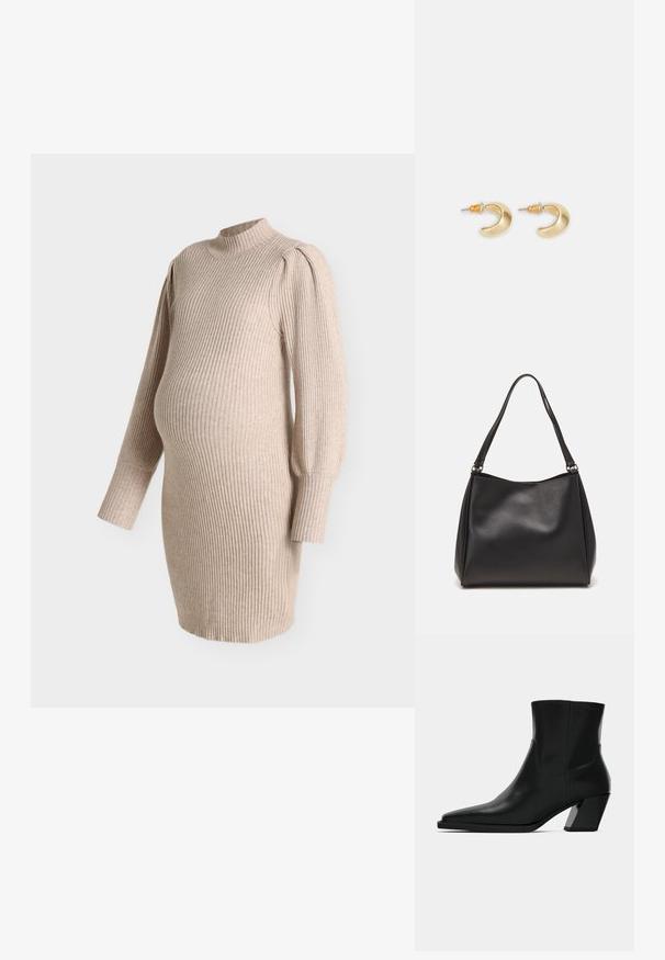 Vestido de maternidad de punto acanalado beige con mangas largas abullonadas y cuello falso, diseñado para ajustarse sobre la barriga de embarazo.; Bota de tobillo de cuero negro con punta afilada, una silueta elegante y un tacón cuadrado grueso. Textura suave con detalles de costura mínimos.; Bolso de mano de cuero sintético negro con una textura suave, forma de hobo y doble asa; presenta un acabado brillante y un diseño minimalista.; Pendientes en forma de media luna de oro con un acabado suave, que presentan acentos naranjas cerca del pasador y herrajes de plata.