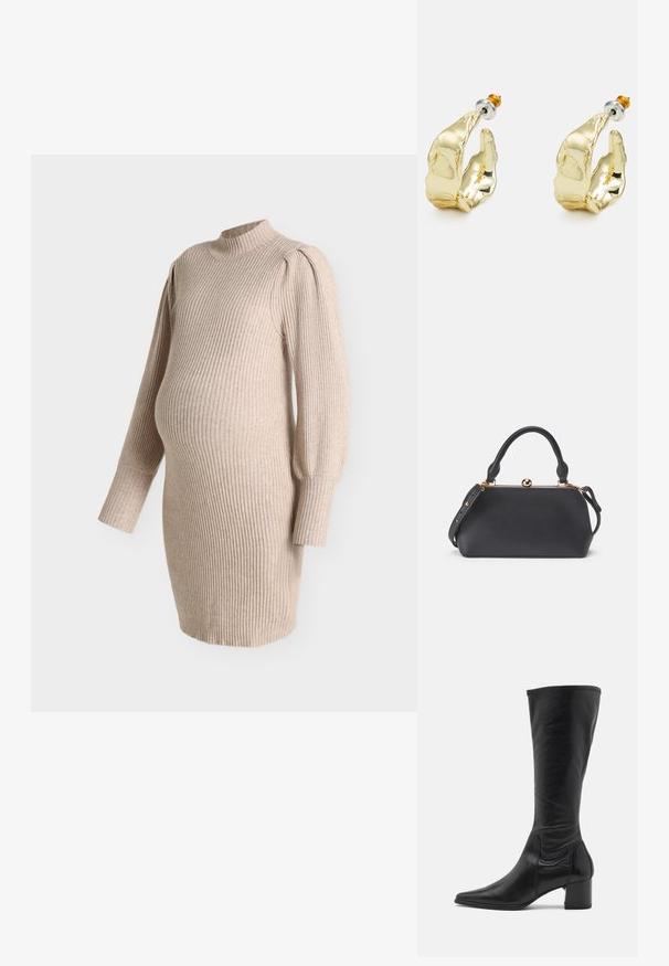 Vestido de maternidad de punto acanalado beige con mangas largas abullonadas y cuello falso, diseñado para ajustarse sobre la barriga de embarazo.; Bota de cuero negro hasta la rodilla con punta afilada, detalles de costura mínimos y un tacón cuadrado robusto. Textura lisa con un acabado brillante.; Bolso de cuero negro con parte superior redondeada, mango corto y correa desmontable. Presenta un cierre metálico y una textura suave.; Pendientes en tono dorado con forma de manos abstractas, que presentan una superficie brillante, detalles intrincados y un poste de plata y oro para un ajuste seguro.