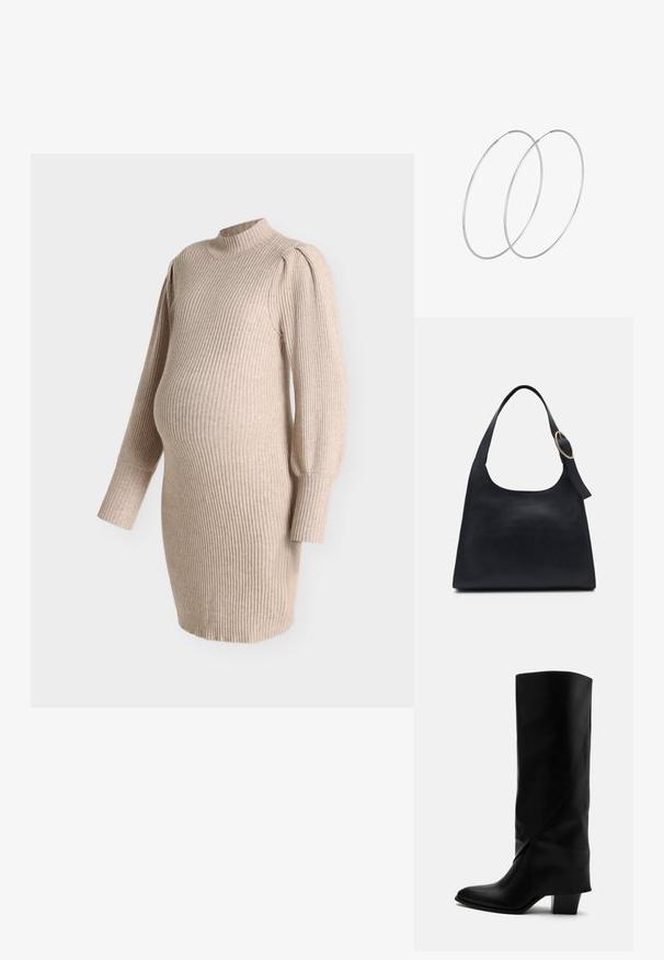 Robe de maternité en tricot côtelé beige avec manches ballon longues et col montant, conçue pour s'adapter à un ventre de grossesse.; Botte haute en cuir noir avec couture inclinée, bout pointu et talon épais de taille moyenne sur fond blanc.; Sac en cuir noir avec une texture lisse, un corps arrondi et une seule anse, ornée d'un accent en métal doré rond.; Boucles d'oreilles en argent au design minimaliste. Forme circulaire, texture lisse et profil fin. Légères avec une finition polie.