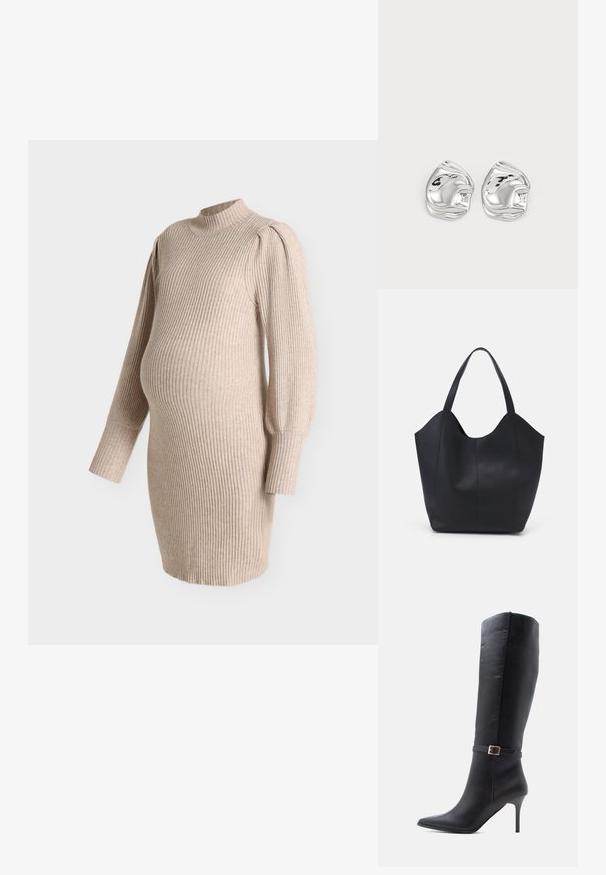 Beige geribbelde gebreide zwangerschapsjurk met lange ballonmouwen en col, ontworpen om over een babybuik te passen.; Zwarte leren kniehoge laars met een spitse neus, stilettohak en een decoratieve band met een gouden gesp bij de enkel.; Zwarte tote tas van glad leer, met een gebogen, open bovenkant en twee schouderbanden, en een minimalistisch ontwerp.; Zilveren abstracte studs met een gepolijste afwerking, met gladde rondingen en subtiele contouren. Geen zichtbare patronen of accenten.