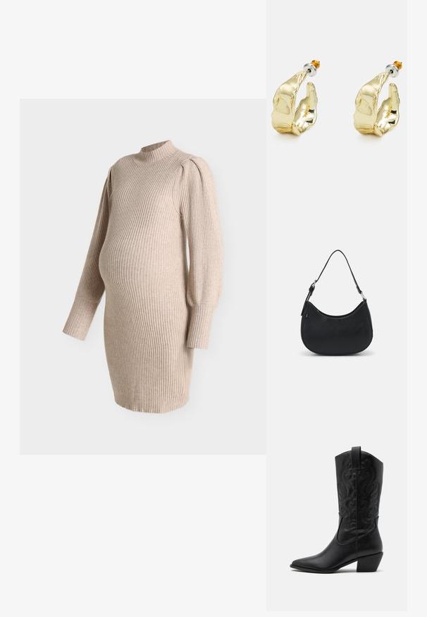 Vestido de maternidad de punto acanalado beige con mangas largas abullonadas y cuello falso, diseñado para ajustarse sobre la barriga de embarazo.; Botas de vaquero de cuero negro con punta afilada, patrones en relieve en espiral y un tacón de altura media. Presentan una lengüeta para facilitar el uso.; Bolso hobo negro hecho de cuero suave con una silueta curva, que cuenta con una sola correa ajustable y detalles de diseño minimalistas.; Pendientes en tono dorado con forma de manos abstractas, que presentan una superficie brillante, detalles intrincados y un poste de plata y oro para un ajuste seguro.