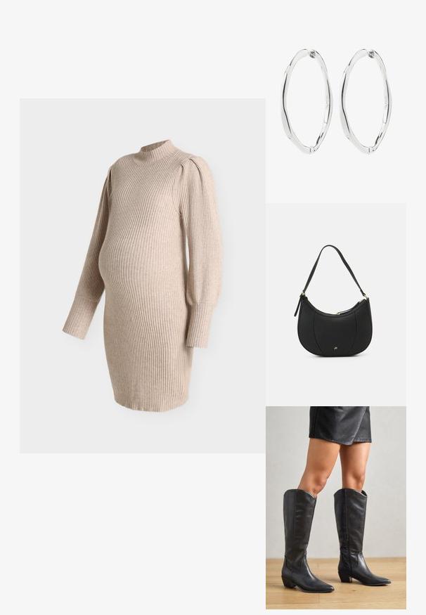 Vestido de maternidad de punto acanalado beige con mangas largas abullonadas y cuello falso, diseñado para ajustarse sobre la barriga de embarazo.; Botas negras hasta la rodilla, hechas de cuero suave, con punta afilada, tacón bajo cuadrado y cremallera lateral para facilitar el uso.; Bolso de mano de cuero negro con forma curva, superficie texturizada, costuras frontales y un logo en tono dorado. Cuenta con una sola correa ajustable.; Par de pendientes de aro ovalados retorcidos de plata pulida con cierres de bisagra, mostrados sobre fondo blanco.