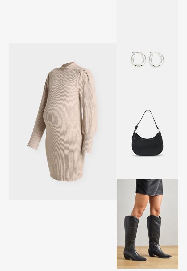 Robe de maternité en tricot côtelé beige avec manches ballon longues et col montant, conçue pour s'adapter à un ventre de grossesse.; Bottes noires montantes en cuir lisse, avec un bout pointu, un petit talon carré et une fermeture éclair sur le côté pour un enfilage facile.; Sac hobo noir en cuir lisse avec une silhouette arrondie, doté d'une seule sangle ajustable et de détails de design minimalistes.; Boucles d'oreilles en argent avec une finition polie, présentant une forme circulaire et une fermeture à charnière. Texture lisse avec un minimum de détails.