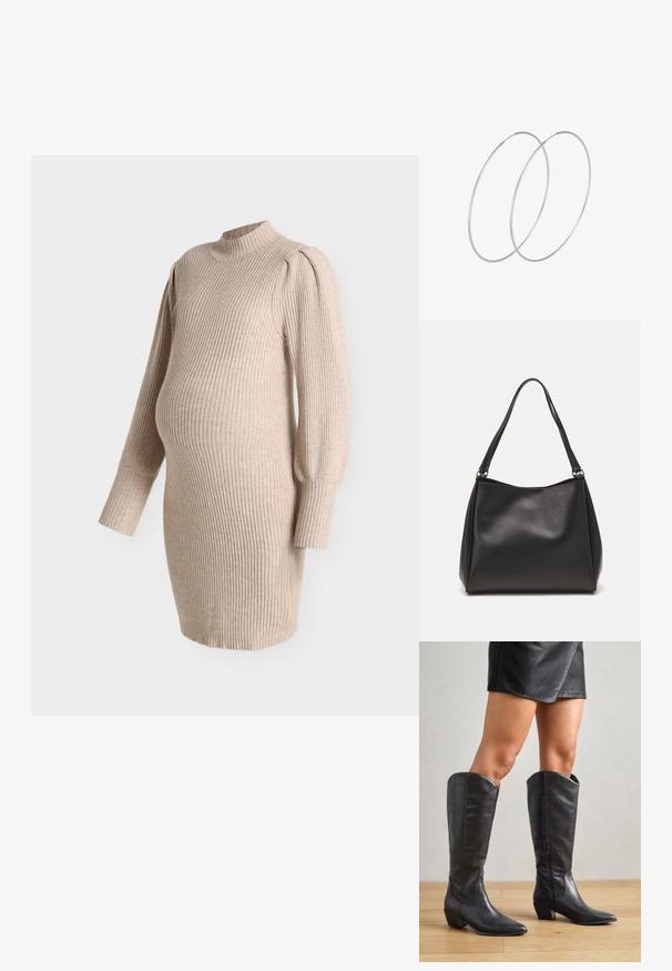 Vestido de maternidad de punto acanalado beige con mangas largas abullonadas y cuello falso, diseñado para ajustarse sobre la barriga de embarazo.; Botas negras hasta la rodilla, hechas de cuero suave, con punta afilada, tacón bajo cuadrado y cremallera lateral para facilitar el uso.; Bolso de mano de cuero sintético negro con una textura suave, forma de hobo y doble asa; presenta un acabado brillante y un diseño minimalista.; Pendientes de aro plateados con un diseño minimalista. Forma circular, textura suave y perfil delgado. Livianos con un acabado pulido.