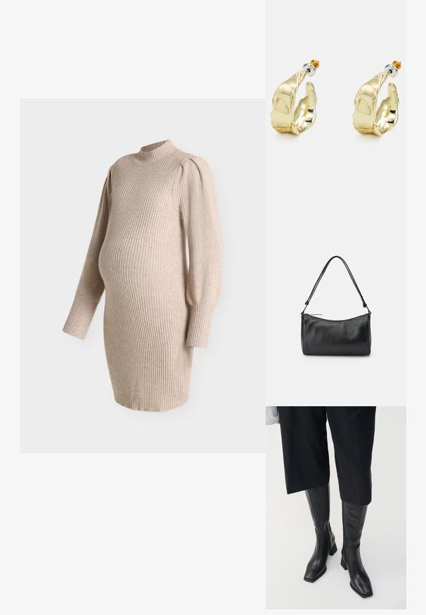 Vestido de maternidad de punto acanalado beige con mangas largas abullonadas y cuello falso, diseñado para ajustarse sobre la barriga de embarazo.; Botas de cuero negro hasta la rodilla con punta cuadrada y tacón bloque. Cuentan con un cierre de cremallera lateral y una textura suave.; Bolso de hombro de piel negra con textura suave, forma curva y una sola correa larga, con cierre de cremallera en la parte superior.; Pendientes en tono dorado con forma de manos abstractas, que presentan una superficie brillante, detalles intrincados y un poste de plata y oro para un ajuste seguro.