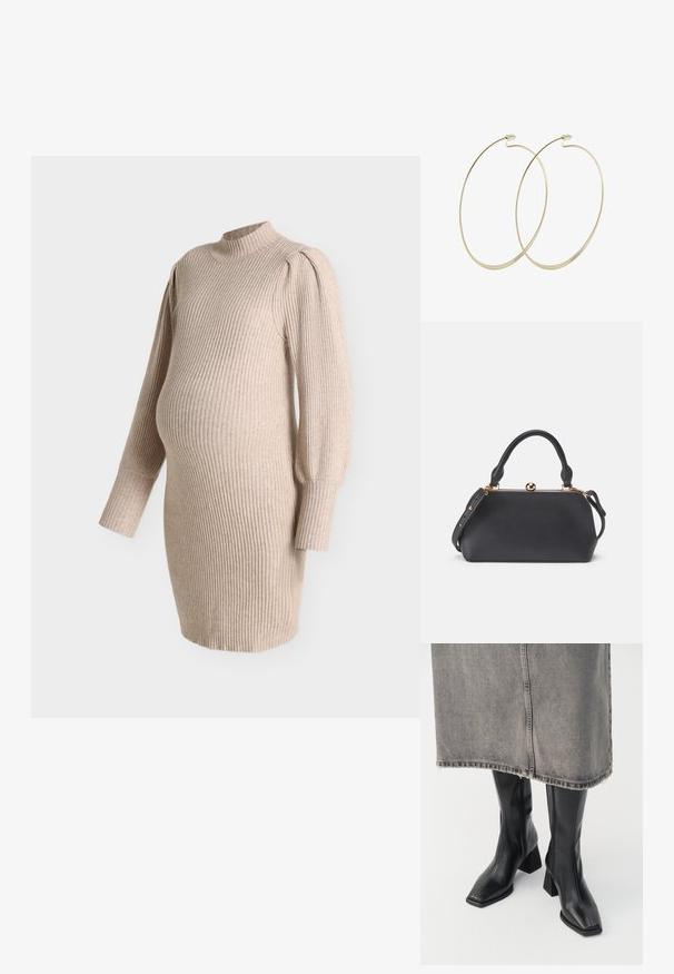 Vestido de maternidad de punto acanalado beige con mangas largas abullonadas y cuello falso, diseñado para ajustarse sobre la barriga de embarazo.; Botas negras hasta la rodilla de cuero liso con punta cuadrada y tacón cuadrado. Llevadas con una falda de mezclilla gris con dobladillo desflecado.; Bolso de cuero negro con parte superior redondeada, mango corto y correa desmontable. Presenta un cierre metálico y una textura suave.; Pilgrim Pendientes - gold-coloured