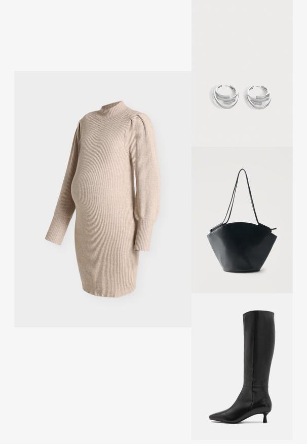 Robe de maternité en tricot côtelé beige avec manches ballon longues et col montant, conçue pour s'adapter à un ventre de grossesse.; Zign by Zalando Bottes - black; Sac seau en cuir noir avec une large base arrondie et des doubles bretelles étroites, sur un fond clair uni.; Paire de boucles d'oreilles anneaux en argent poli avec un design de barre incurvée superposée sur un fond clair uni.