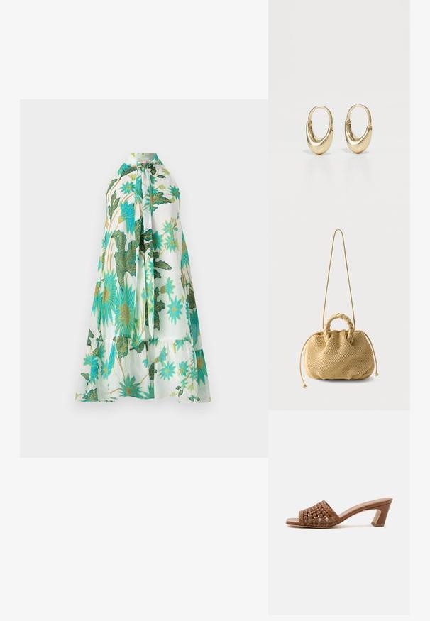 Blumen Kleid mit Halterneck, auf weißem Hintergrund mit lebendigen blauen und grünen Blumenmustern, aus weichem Stoff und im gestuften Design.; Brauner gewebter Open-Toe-Mule mit Blockabsatz und Slip-On-Design auf schlichtem weißen Hintergrund.; Beige gewebte Handtasche mit geflochtenen oberen Griffen, Kordelzugseiten und langem dünnem Schulterriemen auf schlichtem weißem Hintergrund.; Goldene Creolen mit einer gebogenen, röhrenförmigen Form. Glatte, glänzende Oberfläche mit nahtlosem Schließmechanismus. Einfaches und elegantes Design.