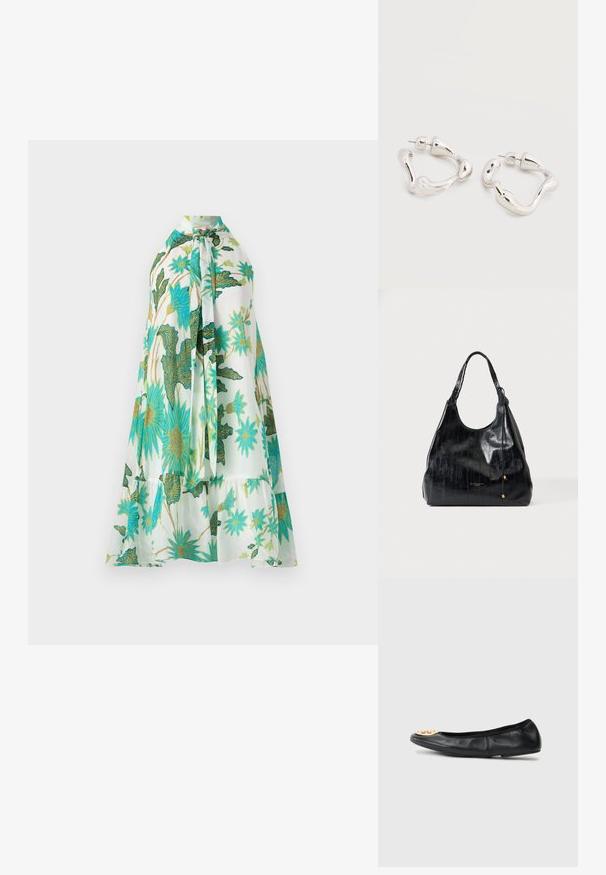 Blomsterkjole med halterneck, med hvid baggrund og levende blå og grønne blomsterdesigns, blødt stof og lagdelt design.; Sort læderballetflad med en rund tå, der har en gylden hardwareaccent på tåen, glat tekstur og fleksibel sål.; Sort skinnende læder skuldertaske med enkelt håndtag og subtile gyldne perle detaljer på en hængende snor.; Øreringe i sølvfarvet tone med uregelmæssig form og bagerste lukning med stift, placeret på en ensfarvet hvid overflade.
