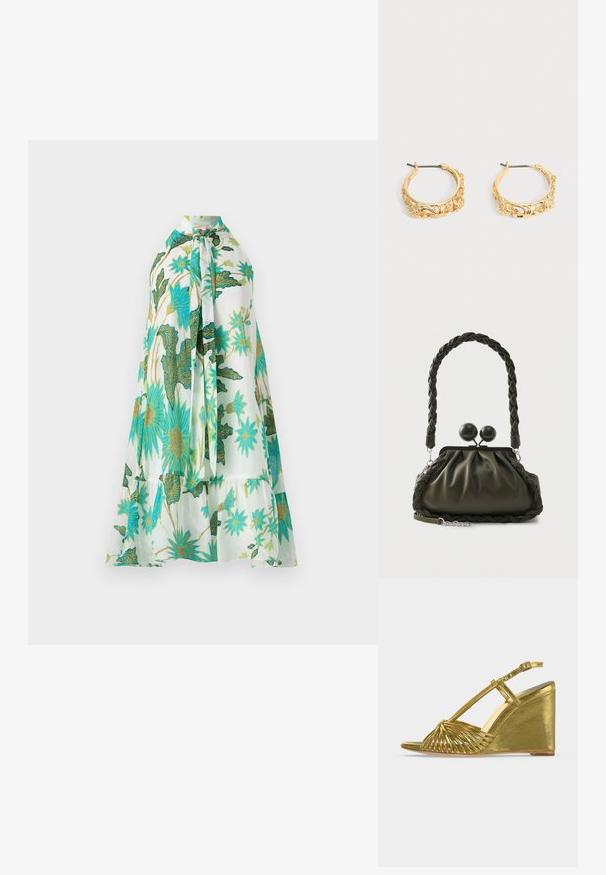Blomsterkjole med halterneck, med hvid baggrund og levende blå og grønne blomsterdesigns, blødt stof og lagdelt design.; Guld kile-sandal med åben tå, flettede stropper foran og justerbar ankelrem på en ensartet lys baggrund.; Olivengrøn læderhåndtaske med flettet håndtag og sølvhardware, med en samlet design og runde låsedetaljer på toppen.; Par af øreringe i guldfarve med udsmykket blomster- og bladprægning på en neutral baggrund.