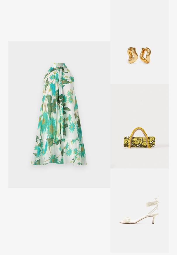 Blumen Kleid mit Halterneck, auf weißem Hintergrund mit lebendigen blauen und grünen Blumenmustern, aus weichem Stoff und im gestuften Design.; Sandale in Cremefarben mit niedrigem Absatz, Knöchelriemen zum Binden und breitem, verdrehtem Riemen über den Zehen auf weißem Hintergrund.; Rechteckige Tasche mit gelbem und schwarzem Blumenmuster und geflochtenem gelb-pinkem Griff auf weißem Hintergrund.; Goldfarbene Creolen mit wellenförmigem Design, das eine glatte, glänzende Oberfläche und eine stromlinienförmige Form aufweist. Keine sichtbaren Verschlüsse.