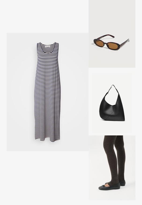 Vestido maxi sin mangas a rayas en navy y blanco. Con escote redondeado y corte relajado. Fabricado en tejido suave y ligero.; Piernas con leggings oscuros acanalados combinados con bailarinas negras que presentan pequeños detalles de lazo sobre un fondo blanco.; Gafas de sol ovaladas con montura carey, lentes tintadas en marrón y varillas delgadas apoyadas sobre una superficie blanca.; Bolso de hombro de cuero negro con forma triangular curva, una única correa ajustable y una costura diagonal visible en el frente.