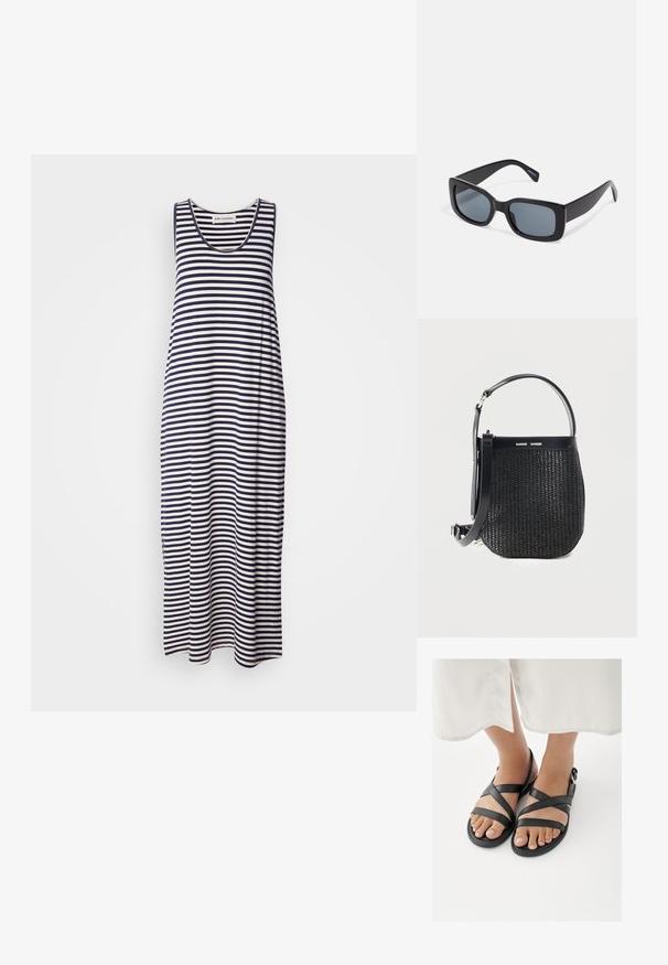 Vestido maxi sin mangas a rayas en navy y blanco. Con escote redondeado y corte relajado. Fabricado en tejido suave y ligero.; Pies con sandalias negras con tiras y hebillas en el tobillo, combinadas con una prenda blanca que termina por encima de los tobillos sobre un fondo blanco.; Gafas de sol rectangulares negras con lentes oscuros, montura de plástico grueso y patillas anchas. Superficie lisa y diseño anguloso.; Bolso tejido negro con base redondeada, ribete de cuero, correa de hombro ajustable y logo de la marca Samsøe Samsøe en la banda superior.