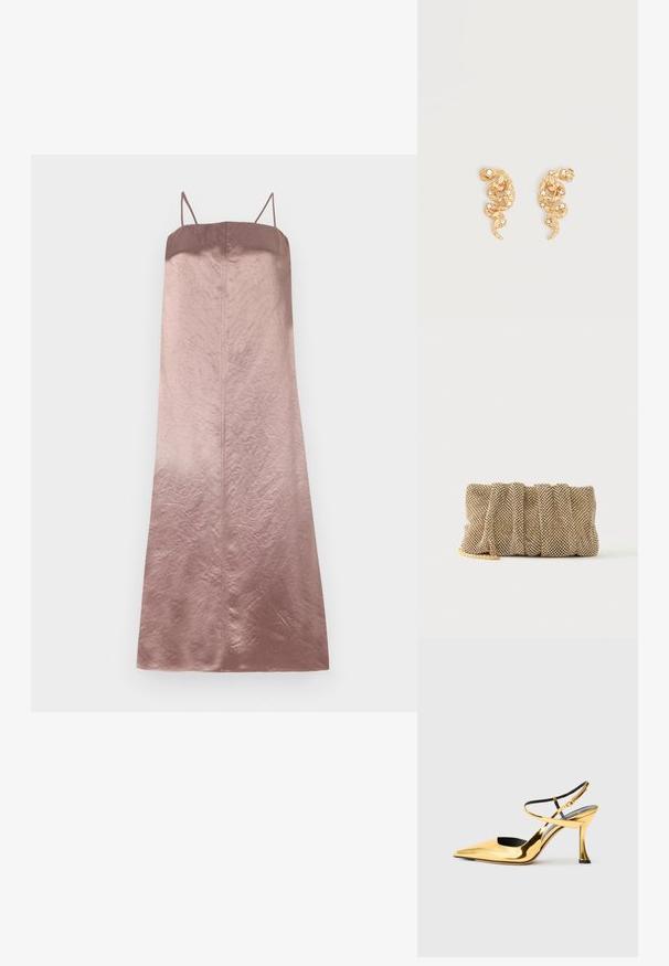 Satin midi kjole i gradient nuancer af rose, med tynde stropper og en glat, let krøllet tekstur samt en lige silhuet.; Gyldne metalliske højhælede sko med spids tå, åben side, krydsede stropper omkring anklen og en unikt formet hæl.; Lille gylden mesh clutch taske med et rynket design og en delvist synlig guldkæde på en ensfarvet hvid baggrund.; Øreringe i guldfarve formet som slanger, pyntet med små klare krystaller på en ensfarvet lys baggrund.