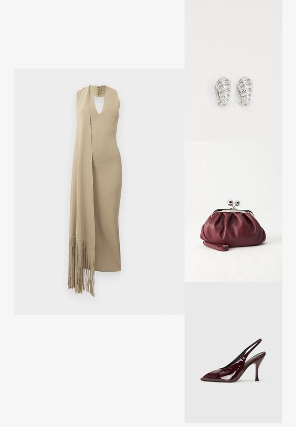 Vestido maxi sin mangas de color beige con escote en forma de ojo de cerradura y bufanda larga adjunta que presenta flecos en un lado.; NEOUS HAMAL - Zapatos altos - dark chocolate; Pequeño bolso de mano de cuero burdeos con cierre metálico plateado y correa de muñeca sobre un fondo blanco.; Pendientes de clip plateados con un diseño en espiral, que presentan una textura metálica suave y formas redondeadas. Sin adornos ni patrones visibles.