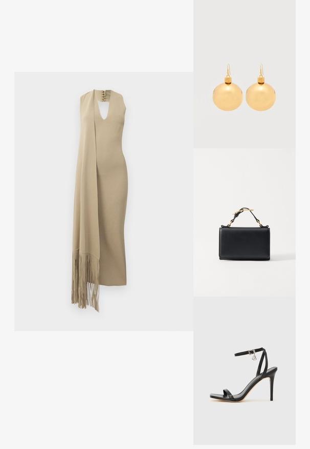Ärmelloses beiges Maxikleid mit einem Schlüssel-Ausschnitt und einem angenähten langen Schal, der auf einer Seite fransenverziert ist.; Schwarze High-Heel-Sandale mit schmalem Knöchelriemen, quadratischer Zehenbox, glattem Leder und metallischem Schnallenakzent.; Schwarze Lederhandtasche mit rechteckiger Form, ausgestattet mit einem oberen Griff und goldfarbenen Hardware-Akzenten. Glatte Textur, minimalistisches Design.; Paar glänzende goldene Weihnachtskugel-Ohrringe mit Hakenverschlüssen auf einfachem weißem Hintergrund.