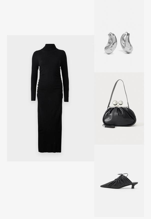 Robe noire à manches longues avec col roulé côtelé, côtés froncés et silhouette maxi droite. Fabriquée en tissu doux et extensible.; Mules noirs en cuir à enfiler avec un bout pointu, une texture froncée et un petit talon aiguille. Présente un détail à cordon au niveau de l'ouverture.; Sac à main en cuir noir avec un design plissé, une sangle unique, un cadre métallique argenté et deux grandes fermoirs ronds en argent.; Boucles d'oreilles en argent en forme de créoles avec une finition incurvée et brillante, et un design sans couture. Équipées d'une fermeture à charnière pour un port sécurisé.