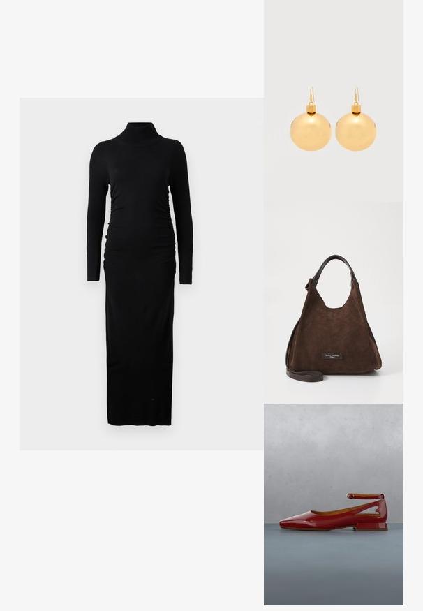 Schwarzes Kleid mit langen Ärmeln, das über einen gerippten Rollkragen, geraffte Seiten und eine gerade Maxilänge verfügt. Hergestellt aus weichem, dehnbarem Stoff.; Glänzender roter Ballerinaschuh mit Knöchelriemen, der über einer hölzernen Oberfläche und Kieselsteinen im Freien schwebt, im Hintergrund unscharfer grüner Strauch und Stein.; Braune Wildleder-Handtasche mit weicher Textur, die eine geschwungene Silhouette aufweist, kurze Ledergriffe hat und eine Logo-Plakette nahe dem Boden trägt.; Paar glänzende goldene Weihnachtskugel-Ohrringe mit Hakenverschlüssen auf einfachem weißem Hintergrund.