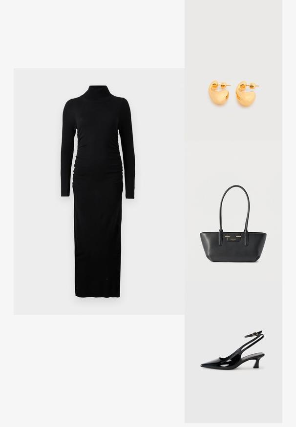 Robe noire à manches longues avec col roulé côtelé, côtés froncés et silhouette maxi droite. Fabriquée en tissu doux et extensible.; Escarpins à brides arrière en cuir verni noir, à bout pointu, avec un petit talon carré et une sangle de cheville ajustable dotée d'une boucle dorée.; Sac à main rectangulaire noir avec poignées longues, ferrures dorées et une petite étiquette frontale sur un fond clair uni.; Paire de petites boucles d'oreilles clous épaisses en métal doré avec des formes lisses, courbes et abstraites sur un fond clair.