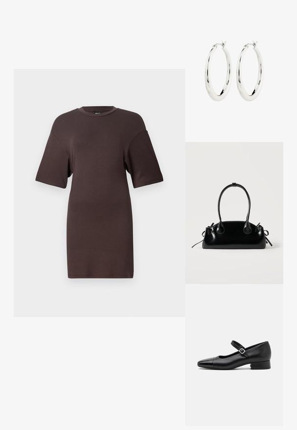 Brun oversized t-shirt kjole med korte ærmer, rund halsudskæring og blød tekstur, som har en afslappet pasform og minimalistisk design.; Sorte læder Mary Jane-sko med en patenttå, justerbar ankelrem og lav blokhæl. Glat tekstur og strømlinet design.; Lille sort blank håndtaske med to lange håndtag og snøre-detaljer i siden på en ensfarvet lys baggrund.; Sølvøreringe i form af hoops med en glat, blank finish. Cirkulær form, der har en sikker lås. Simpelt og elegant design.