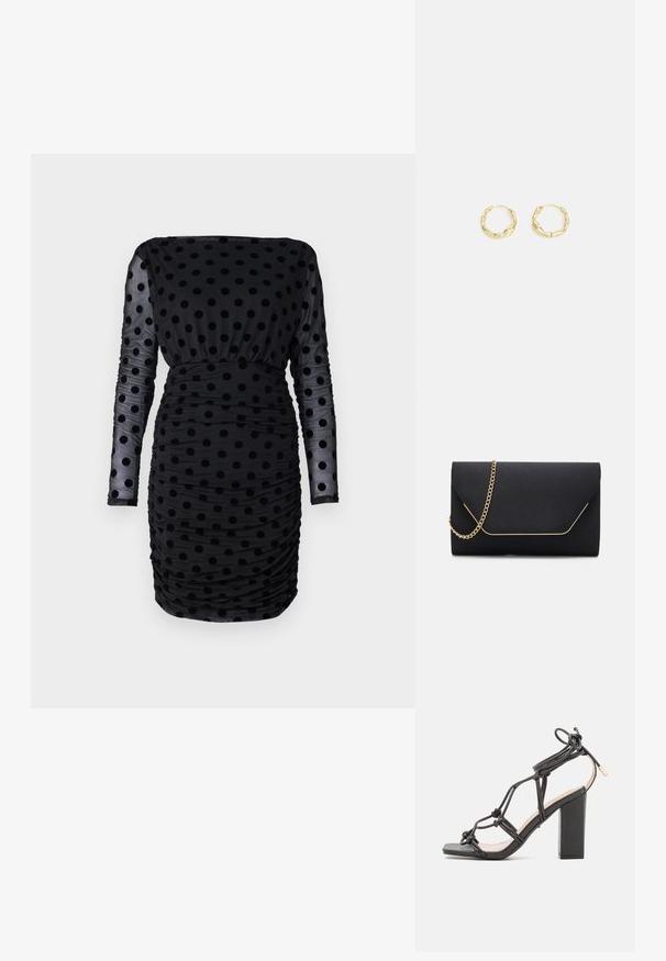 Mustade polka punktidega kleit, millel on pikad läbipaistvad varrukad, vooderdatud detailid ja sobiv siluett, valmistatud siledast kangast.; DeeZee Kõrge kontsaga sandaalid - black; Must must handbag sile, mille tekstuuriga, kullast ahelakinnituse ja kuldse äärisega geomeetrilise klapi sulgemisega.; Kuldsed rõngakujulised kõrvarõngad, millel on tekstuuriga ebaühtlane pind. Omavad kergesti kantavat disaini ja ringikujulist vormi, sobivad igapäevaseks kandmiseks.