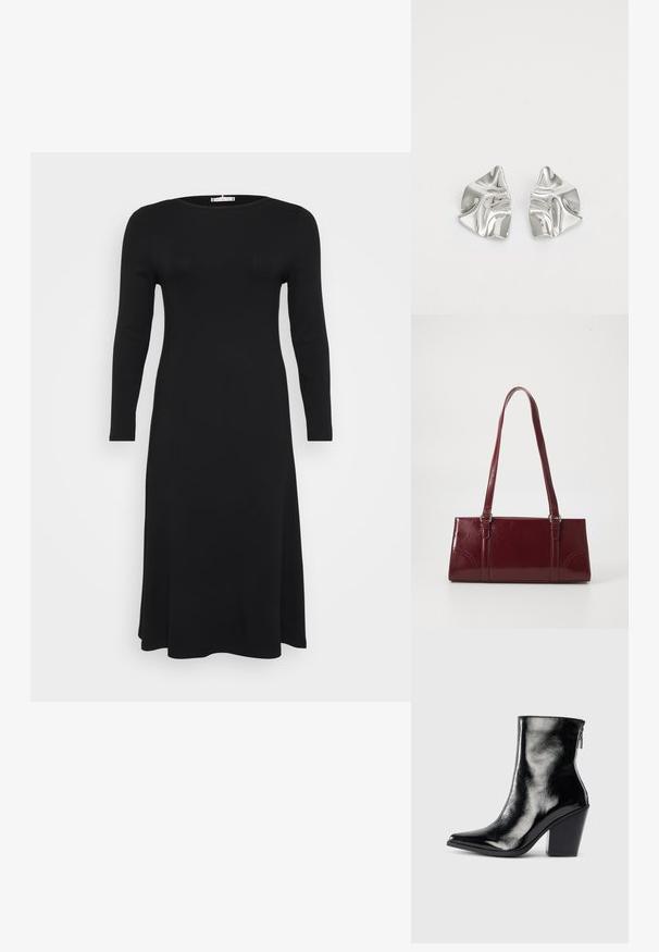 Vestido negro de manga larga, con textura acanalada y escote redondo, con una silueta fluida, mostrado sobre un fondo blanco liso.; Botín de piel negra hasta el tobillo con un acabado brillante, puntera puntiaguda y tacón cuadrado. Presenta una cremallera lateral para fácil calzado.; Bolso burdeos hecho de material brillante, de forma rectangular, con dos asas para el hombro y sutiles acentos curvados en la parte frontal.; Pendientes de metal plateado con un diseño ondulado y escultórico, que presentan un acabado pulido y formas irregulares, destacando una estética contemporánea.