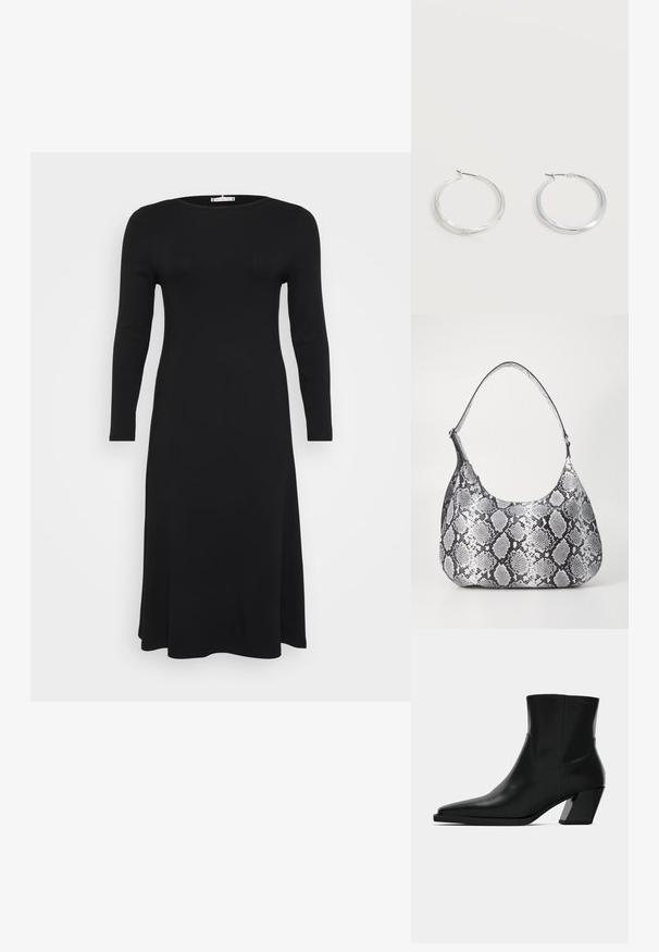 Vestido negro de manga larga, con textura acanalada y escote redondo, con una silueta fluida, mostrado sobre un fondo blanco liso.; Bota de tobillo de cuero negro con punta afilada, una silueta elegante y un tacón cuadrado grueso. Textura suave con detalles de costura mínimos.; Bolso de hombro con estampado de serpiente en blanco y negro, de forma redondeada, textura suave y correa curvada. Presenta un acento de hardware plateado.; Pendientes de aro de metal plateado con superficie lisa y ligeramente curvada y cierre de tipo mosquetón sobre un fondo blanco liso.