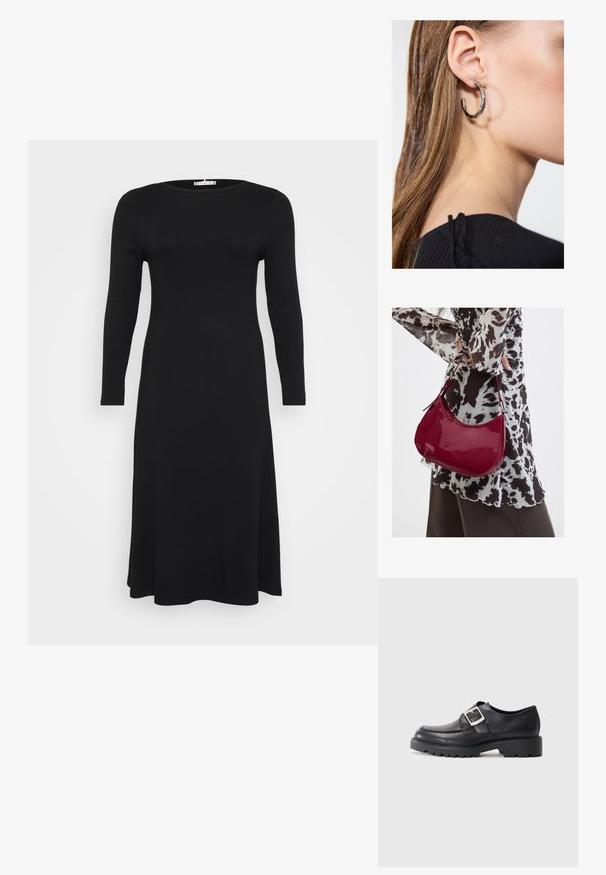 Vestido negro de manga larga, con textura acanalada y escote redondo, con una silueta fluida, mostrado sobre un fondo blanco liso.; Zapatos de cuero negro con puntera redonda, que presentan un detalle de hebilla lateral y una suela gruesa y resistente. Textura suave con costuras mínimas.; Mujer con blusa de estampado en blanco y negro sosteniendo un bolso de hombro rojo brillante sobre un fondo liso.; Pendiente de aro de plata con un acabado pulido, que presenta pequeños detalles en dorado y una forma redonda, llevado en el lóbulo.