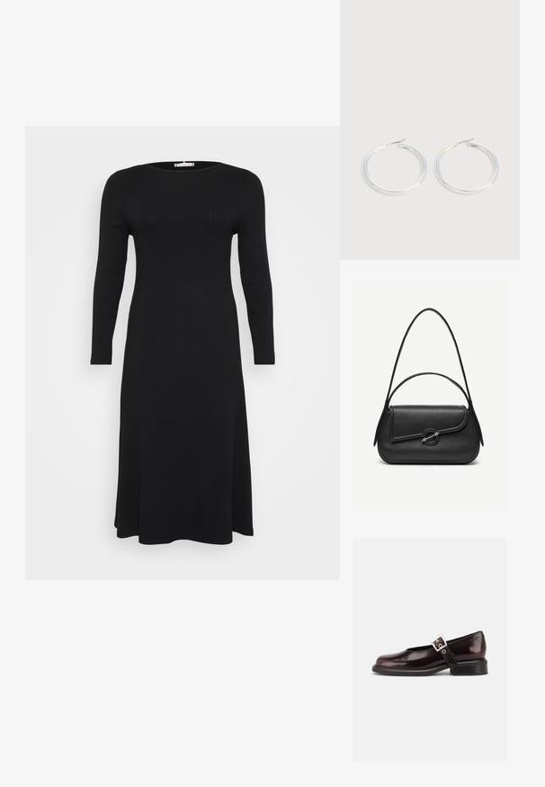 Vestido negro de manga larga, con textura acanalada y escote redondo, con una silueta fluida, mostrado sobre un fondo blanco liso.; Zapato único Mary Jane brillante de color burdeos oscuro con correa ancha y hebilla plateada, tacón bloque bajo y punta redondeada sobre fondo blanco.; Bolso de cuero negro con bordes redondeados, solapa asimétrica, cierre circular de metal y correas de hombro cortas y largas.; Pareja de pendientes de aro plateados brillantes con cierres de alambre delgado, mostrados sobre un fondo gris claro.