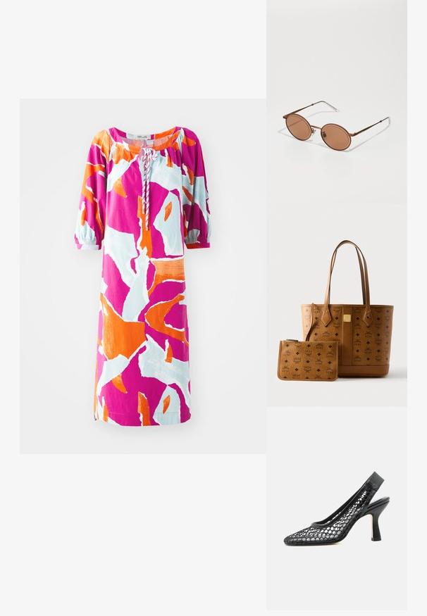 Kleurige jurk met korte mouwen, versierd met een abstract patroon in roze, oranje en lichtblauw. Ontworpen met een ronde halslijn en geplooide details.; Zwarte slingback hoge hakken met bovenwerk van mesh met zeshoekige patronen en een spitse neus, afgebeeld op een witte achtergrond.; Bruine ovale zonnebril met getinte glazen, dunne bruine metalen rand en transparante acetat uiteinden op de pootjes. Bevat een klein scharnierdetail.; Bruine leren shopper met geperst logopatroon, dubbele hengsels en hardware in goudkleur, vergezeld van een bijpassend etuitje met ritssluiting.