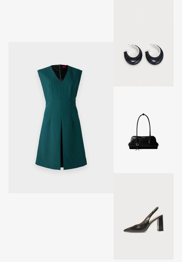 Robe sans manches verte avec un décolleté en V profond, un design structuré, une fente sur le devant et une doublure intérieure noire contrastante. Fermeture éclair au dos.; Chaussure slingback en cuir noir à bout pointu avec un talon bloc haut et une doublure intérieure beige sur un fond clair uni.; Sac à épaule en cuir noir à texture crocodile, avec de longues sangles et un petit charm logo argenté sur une sangle.; Boucles d'oreilles en résine noire avec une finition brillante et des accents en métal argenté. Forme circulaire avec une découpe et une fermeture à tige.