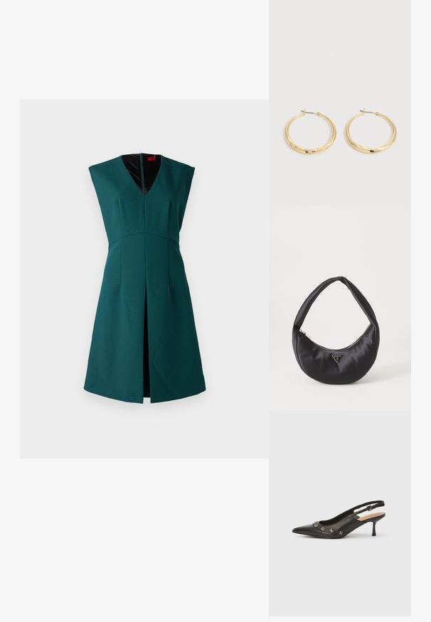 Groene mouwloze jurk met een diepe V-hals, gestructureerd ontwerp, een split aan de voorkant en een contrasterende zwarte binnenvoering. Rits aan de achterkant.; Zwarte leren slingback pump met puntige neus, lage hak en decoratieve metalen accenten langs de vooropening. Gladde textuur.; Zwarte satin handtas met een gebogen vorm, voorzien van een ritssluiting en een driehoekig metalen logo aan de voorkant. Gladde textuur en een slank ontwerp.; Een paar gepolijste gouden oorringen met dunne pennen en scharnierende sluitingen, tentoongesteld op een effen lichtgrijze achtergrond.