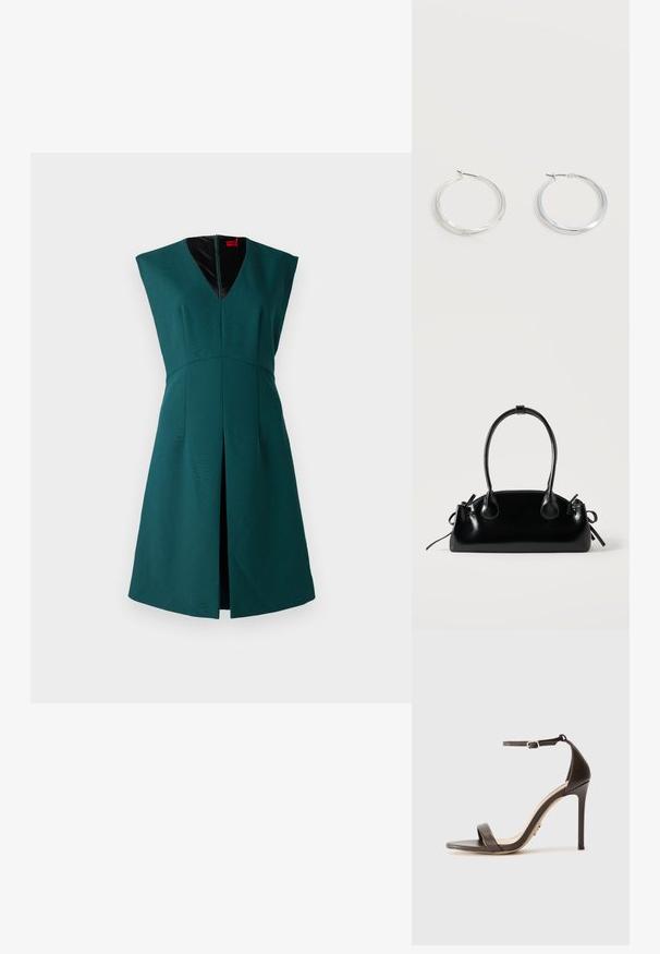 Robe sans manches verte avec un décolleté en V profond, un design structuré, une fente sur le devant et une doublure intérieure noire contrastante. Fermeture éclair au dos.; Sandale à talons hauts marron avec une fine bride de cheville et une bande de orteil plate. Texture en cuir lisse avec un bout pointu et un design à talon aiguille.; Petit sac à main noir brillant avec deux longues anses et des détails à cordon sur les côtés sur un fond clair uni.; Boucles d’oreilles créoles en métal argenté avec une surface lisse légèrement incurvée et des fermoirs à clapet sur un fond blanc uni.
