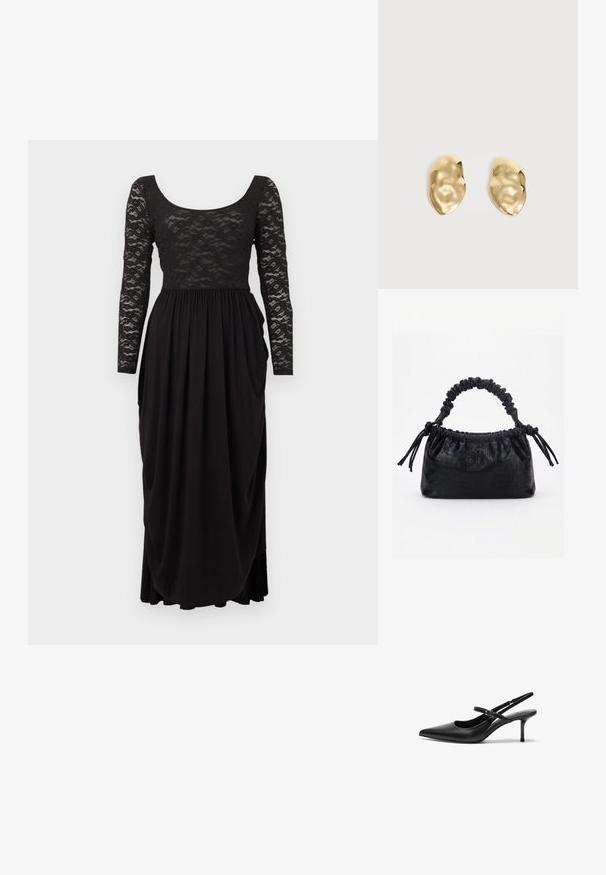 Robe de soirée noire avec manches longues en dentelle et corsage, encolure dégagée, et jupe fluide plissée.; Talons aiguilles noires en cuir avec un bout pointu, une fine bride réglable, et un talon aiguille d'environ 5 cm, texture lisse.; Sac à main noir avec texture crocodile, bord supérieur froncé, poignée plissée et pompons à cordon de chaque côté sur fond blanc.; Paire de boucles d'oreilles en métal doré brillant, de forme irrégulière, avec une surface froissée et lisse sur un fond clair uni.