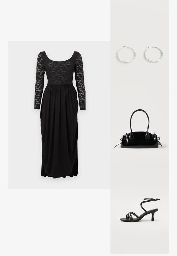 Robe de soirée noire avec manches longues en dentelle et corsage, encolure dégagée, et jupe fluide plissée.; Even&Odd Wide Fit Sandales - black; Petit sac à main noir brillant avec deux longues anses et des détails à cordon sur les côtés sur un fond clair uni.; Boucles d’oreilles créoles en métal argenté avec une surface lisse légèrement incurvée et des fermoirs à clapet sur un fond blanc uni.