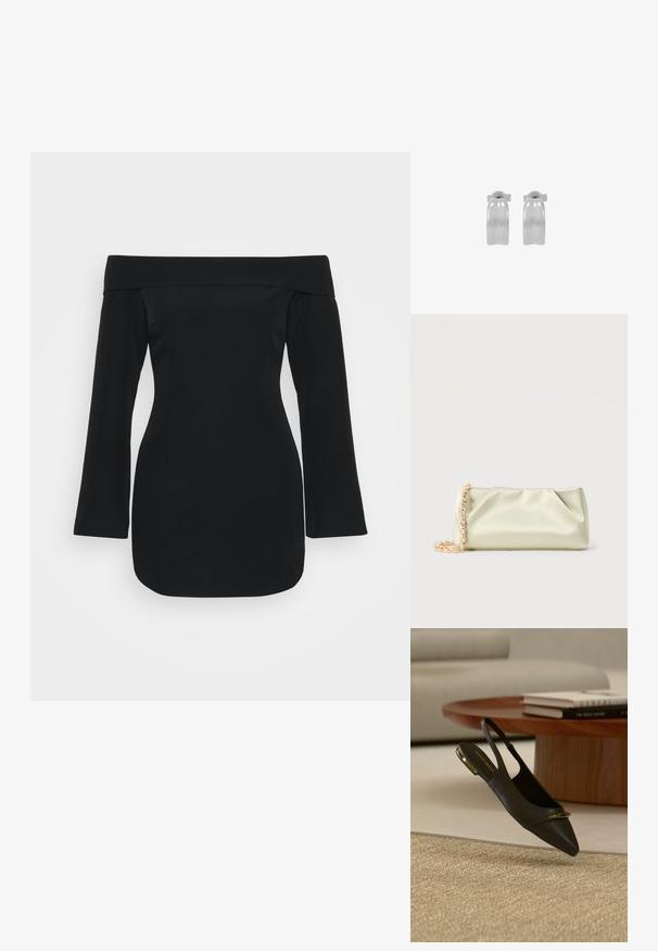 Zwarte off-the-shoulder jurk met lange mouwen, gestructureerde corsage en aansluitende silhoutte. Gemaakt van soepele stof zonder zichtbare patronen.; Zwart leren platte slingbackschoen met puntige neus en gouden accent op teen en hiel, geplaatst naast een houten ronde salontafel en een beige vloerkleed.; Zacht lichtgroene satin clutch tas met gouden en kristallen kettingriem, rechthoekige vorm met zachte plooien op een effen achtergrond.; Een paar gepolijste zilveren oorringen met een glad, licht gebogen oppervlak en vlindersluiting, afgebeeld op een witte achtergrond.