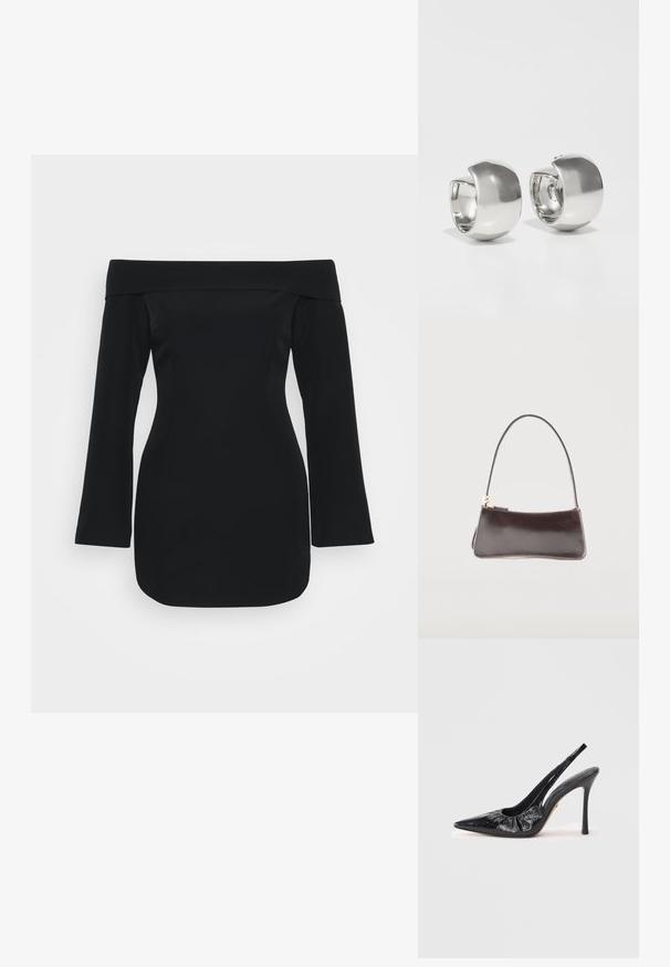 Schwarzes schulterfreies Kleid mit langen Ärmeln, strukturiertem Oberteil und figurbetonendem Schnitt. Hergestellt aus glattem Stoff ohne sichtbare Muster.; Schwarze Leder Slingback-Pumpe mit spitzer Zehe, geraffter Textur an der Vorderseite und hohem Stilettoschuh.; Kleine rechteckige dunkelbraune Lederhandtasche mit einem einzelnen Riemen und goldfarbenem Reißverschluss.; Uncommon Matters SCULPTURAL LARGE CREOLE - Ohrringe - silver-coloured
