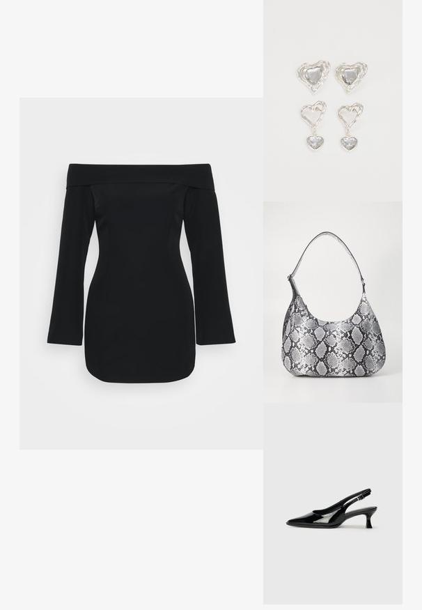 Zwarte off-the-shoulder jurk met lange mouwen, gestructureerde corsage en aansluitende silhoutte. Gemaakt van soepele stof zonder zichtbare patronen.; Zwarte lakleren slingback schoenen met een spitse neus en een lage blokhak. Verstelbare gespband bij de enkel.; Zwart-witte slangenprint schoudertas met een afgeronde vorm, een gladde textuur en een ronde strap. Voorzien van een zilveren hardwareaccent.; Zilveren hartvormige oorbellen hebben facetteerbare heldere stenen en een textuurframe. De set bevat stud- en hangende stijlen.