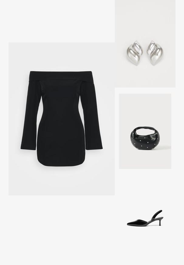 Schwarzes schulterfreies Kleid mit langen Ärmeln, strukturiertem Oberteil und figurbetonendem Schnitt. Hergestellt aus glattem Stoff ohne sichtbare Muster.; Schwarze Lackleder-Slingback-Pumps mit spitzem Fuß, niedrigem Stiletto-Absatz und einem eleganten, schlichten Design ohne Verzierungen.; Schwarze Lederhandtasche mit abgerundeter Form, verziert mit silbernen Nietenakzenten und kurzem Griff. Glatte Struktur und Reißverschlussverschluss.; Silberne Ohrringe mit einer organischen, abstrakten Form. Glatte, glänzende Oberfläche mit einem konischen Design. Mit dezenten Kurven und einem zentralen Linienelement.
