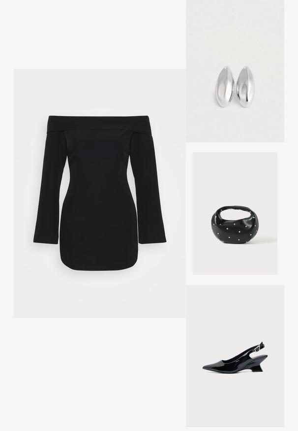 Sort off-shoulder kjole med lange ærmer, struktureret skæring og tætsiddende silhuet. Fremstillet af glat stof uden synlige mønstre.; Sort laklæder slingback sko med spids tå og lav vinklet blokhæl på ensartet lys baggrund.; Sort læderhåndtaske med en rundet form, dekoreret med sølvnitter, og et kort håndtag. Glat tekstur og lynlåslukning.; Et par glatte, skinnende sølvfarvede ovalformede genstande placeret side om side på en helt hvid baggrund.