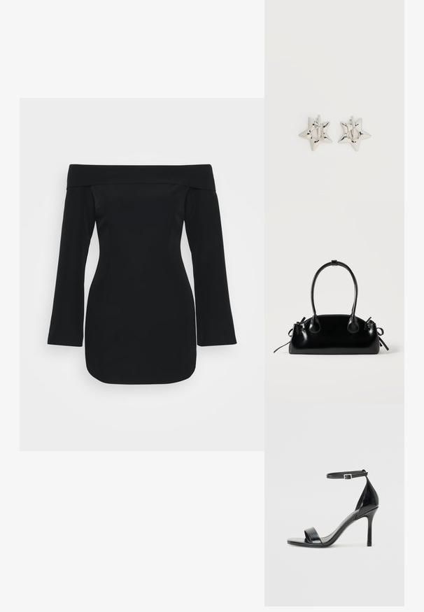 Zwarte off-the-shoulder jurk met lange mouwen, gestructureerde corsage en aansluitende silhoutte. Gemaakt van soepele stof zonder zichtbare patronen.; Zwarte lakleren sandaal met hoge hakken, een open teen, een enkele band aan de voorkant en een verstelbare enkelband.; Kleine zwarte glanzende handtas met twee lange hengsels en zijkant trekkoord details op een effen lichte achtergrond.; Zilverkleurige stervormige oorringen met een gladde, gepolijste afwerking op een effen witte achtergrond.
