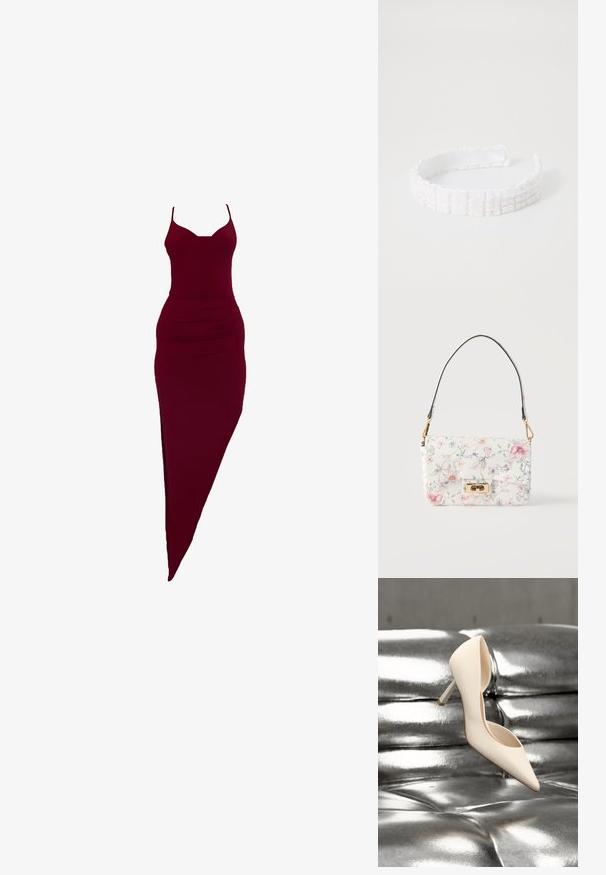 Burgunderrotes, figurbetontes Kleid mit Spaghettiträgern, seitlichem Schlitz und gerafften Details an der Taille, aus elastischem Stoff.; Cremefarbener High-Heel-Schuh schwebt über einem glänzenden silbernen, gesteppte Ledercouch, ohne sichtbare Personen oder Handlungen.; Weiße Lederhandtasche mit pastellfarbenem Blumenmuster, goldfarbenem Drehverschluss und kurzem abnehmbarem Riemen vor schlichtem weißem Hintergrund.; Weißes Haarband aus strukturiertem, glitzerndem Stoff. Verfügt über ein gewelltes, geripptes Design und ist auf der Innenseite glatt für zusätzlichen Komfort.
