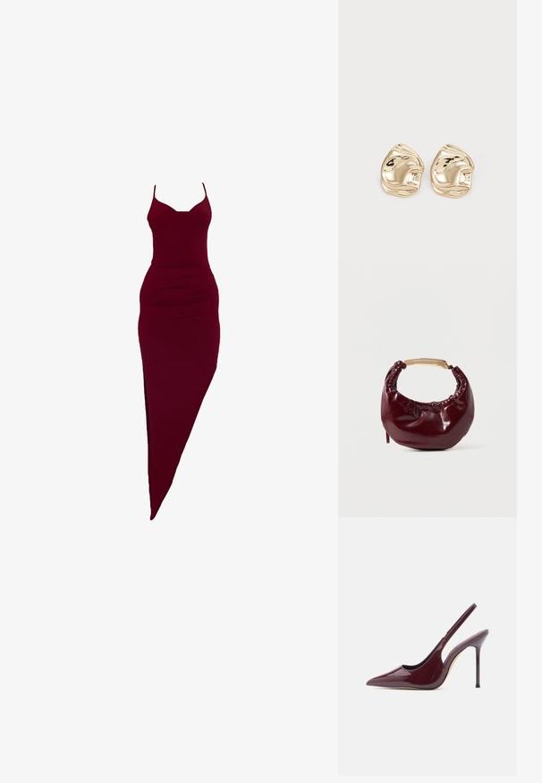 Vestido burdeos ajustado con tirantes finos, que presenta una abertura lateral y detalles fruncidos en la cintura, fabricado en tejido elástico.; Tacón destalonado de charol burdeos con punta puntiaguda, fino tacón de aguja y diseño de recortes curvos en los laterales. Textura suave.; Bolso de mano de piel sintética burdeos con forma redondeada, detalles fruncidos y un asa de metal dorado. Textura suave y acabado brillante.; Pendientes de stud en tono dorado, con un diseño irregular y suave, que presenta una superficie reflectante y bordes ondulados. Sin adornos adicionales.