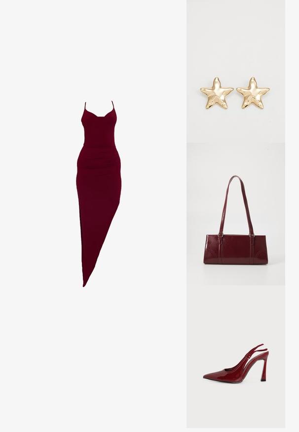 Burgunderrotes, figurbetontes Kleid mit Spaghettiträgern, seitlichem Schlitz und gerafften Details an der Taille, aus elastischem Stoff.; Glänzender dunkelroter Damen-Pumps mit Slingback, spitzer Spitze und dünnem, gebogenem Absatz auf weißem Hintergrund.; Burgunderfarbene Handtasche aus glänzendem Material, rechteckige Form, mit zwei Schulterriemen und subtilen, geschwungenen Akzenten an der Vorderseite.; Goldene, sternförmige Ohrringe mit einer glatten, glänzenden Oberfläche und einem dreidimensionalen Design, das fünf Spitzen und eine leicht gewellte Struktur aufweist.