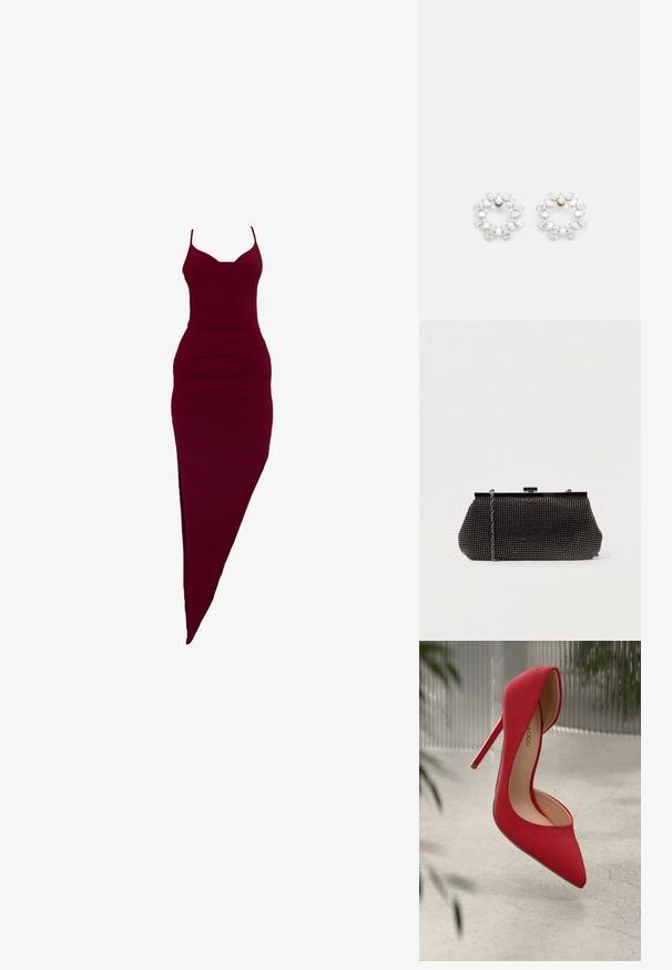 Vestido burdeos ajustado con tirantes finos, que presenta una abertura lateral y detalles fruncidos en la cintura, fabricado en tejido elástico.; Zapato de tacón alto rojo con puntera puntiaguda y acabado de ante suave. Presenta un tacón de aguja y un acento dorado en la base del tacón.; Bolso de mano negro de malla con una silueta estructurada, adornado con pequeños tachuelas metálicas, que cuenta con un cierre de broche y una correa de cadena desmontable.; Pendientes circulares de metal, con múltiples piedras transparentes y facetadas dispuestas en un patrón brillante. Incoloras y reflectantes.