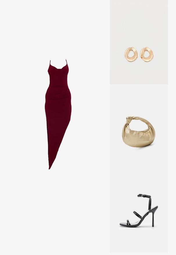 Vestido burdeos ajustado con tirantes finos, que presenta una abertura lateral y detalles fruncidos en la cintura, fabricado en tejido elástico.; Sandalias de tacón alto de charol negro con tres tiras horizontales y una correa en el tobillo ajustable. Silueta elegante y acabado brillante.; Bolso de metal dorado con una textura suave y brillante. Presenta un asa anudada y una forma redondeada y suave. Cierre de cremallera en la parte superior.; Par de pendientes de aro de metal en tono dorado pulido, de forma irregular y con centro abierto, sobre un fondo blanco liso.