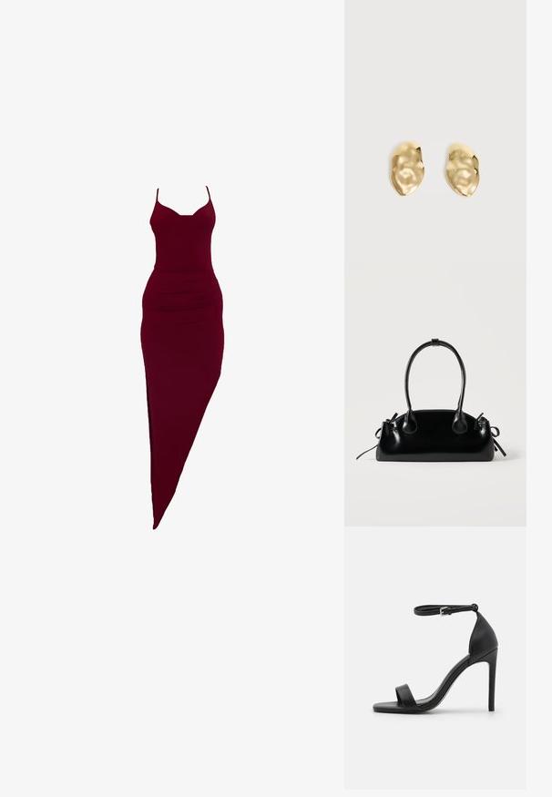 Burgunderrotes, figurbetontes Kleid mit Spaghettiträgern, seitlichem Schlitz und gerafften Details an der Taille, aus elastischem Stoff.; Schwarze hochhackige Sandale mit elegantem Design, featuring einem Knöchelriemen, offener Zehenpartie und glattem Lederfinish.; Kleine schwarze glänzende Handtasche mit zwei langen Griffen und seitlichen Kordelzug-Details vor einfachem hellem Hintergrund.; Paar glänzende, unregelmäßig geformte Ohrstecker aus Goldmetall mit zerknitterter, glatter Oberfläche auf schlichtem hellem Hintergrund.