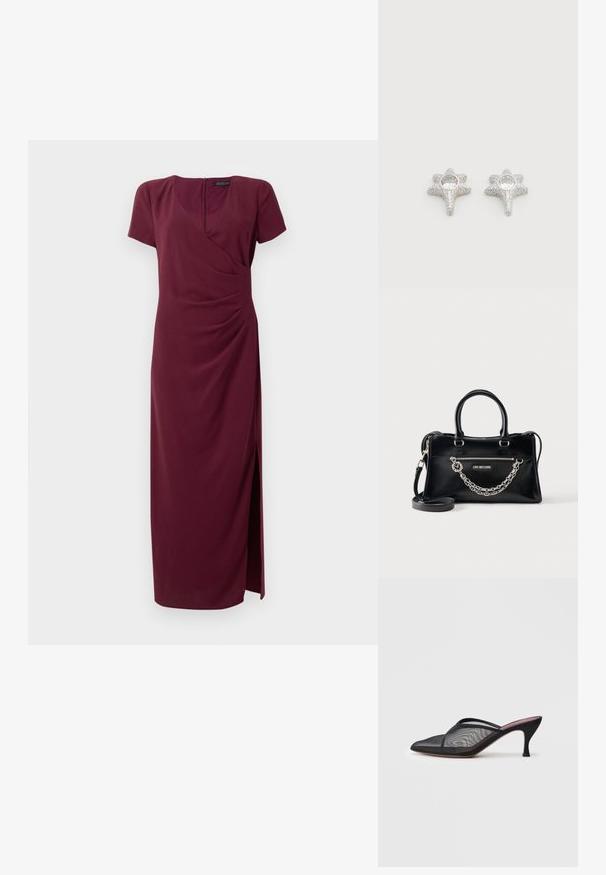 Burgundy maxi-mekko tekstuurikankaasta, joka sisältää kietaisusuunnittelun, lyhyet hihat, etuaukotuksen ja takavetoketjun.; Mustat verkkomuulit, joissa on terävä kärki, ohuet hihnat ja 7,5 cm:n stiletto-korko. Ominaisuuksiin kuuluu läpikuultava pinta ja kiinteä sävyinen pohja.; Musta suorakulmainen käsilaukku, jossa on kaksinkertaiset kahvat, irrotettava olkahihna, etutasku vetoketjulla, hopeaketjuyksityiskohta ja "Love Moschino" -logo.; Hopeanväriset tähdenmuotoiset korvakorut, joissa on teksturoitu pinta ja keskellä pyöreä, kirkas jalokivi. Kimaltava viimeistely parantaa visuaalista vetovoimaa.